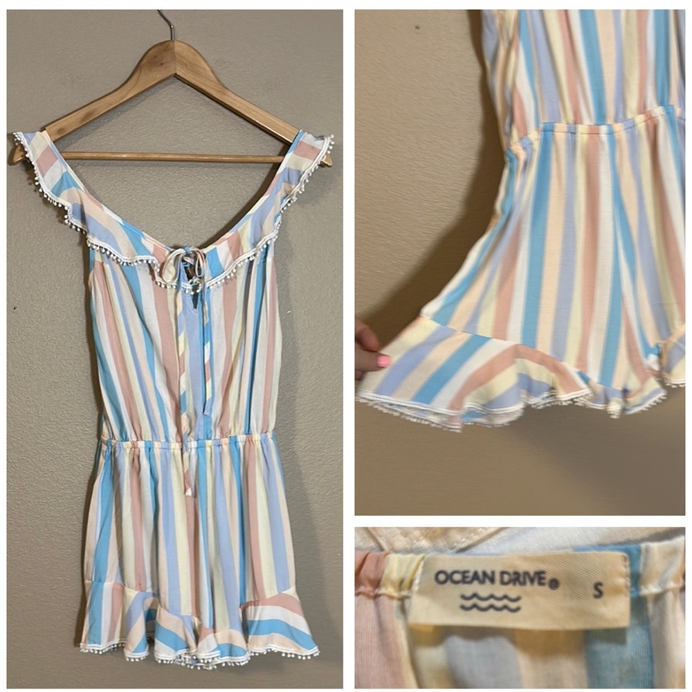 Ocean Drive | Pastel Cabana Stripe Ruffle Shorts Romper Small